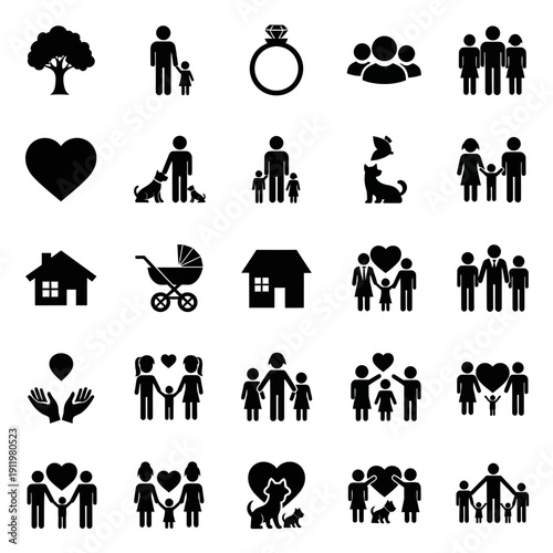 Diverse icons representing various aspects of family life and relationships