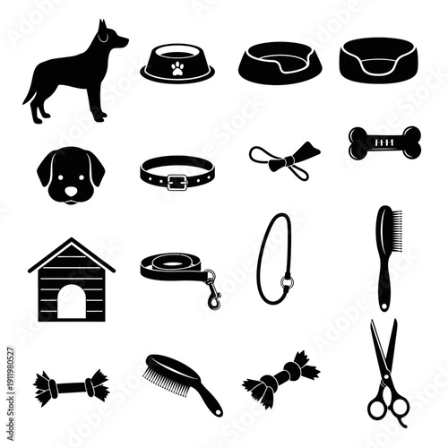 A collection of various dog accessories and items