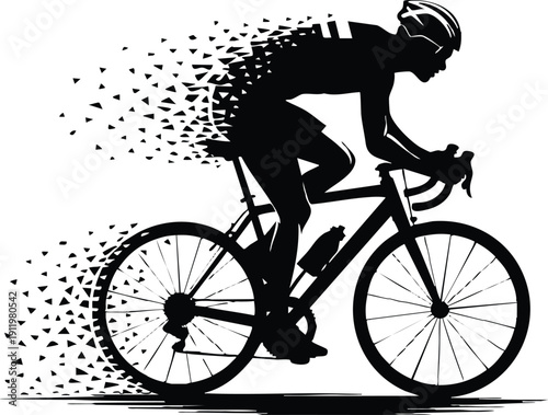 Monochrome Silhouette of a High-Speed Road Cyclist, Minimalist Biker Graphic with Dynamic Disintegration Effect, Clean Sport Symbol Representing Velocity and Professional Racing.