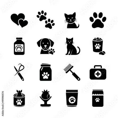 Black and white icons representing various aspects of pet care and grooming.