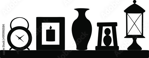 Silhouette Shelf of Treasures: A monochromatic shelf holds an array of charming objects, from a classic clock to a vintage lantern, each element contributing to a sense of nostalgia.