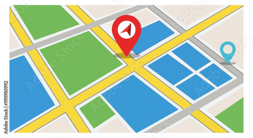 Abstract GPS Map with Navigation Pin and Destination Marker Location Tracking Concept