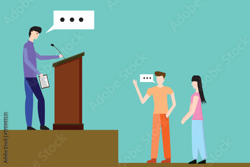 Businessman Giving Speech in Conference Hall. Flat Illustration Art.