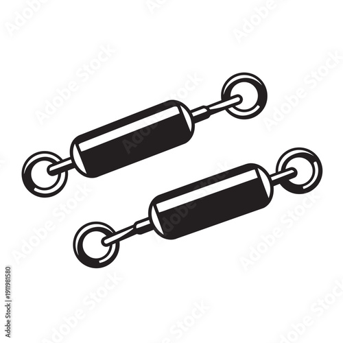 Black and white fishing swivel illustration, simple line art angling equipment design isolated on a light background.