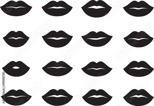 Stylish Black and White Lips Icons Vector Set: Collection of 16 Different Mouth Shapes, Perfect for Beauty, Fashion, Cosmetics, and Avatar Graphics.