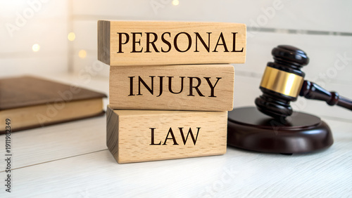 Tableau sur toile Wooden blocks stacked with text personal injury law next to a judges gavel and a