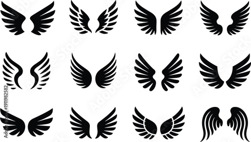 Angel wings silhouette set, black feather wing icon collection isolated on white background, decorative heraldic design elements for logo and tattoo vector illustration