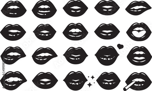 Pop Art Sensual Lips Vector Icon Set: 20 Black Silhouettes Featuring Various Mouth Expressions, Kiss, Smile, Bite, and Glamour Design Elements for Fashion and Beauty Concepts.