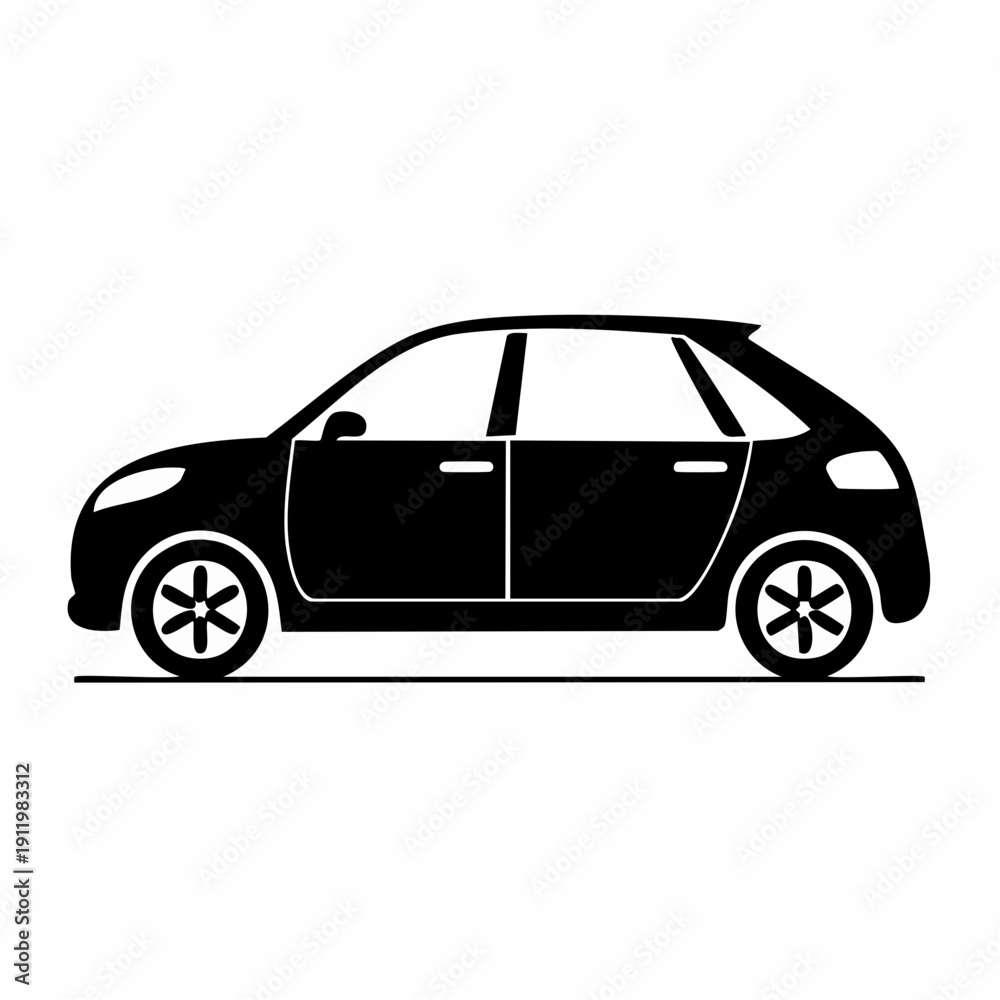 Obraz premium Simple black silhouette of a compact car with four wheels and two doors.
