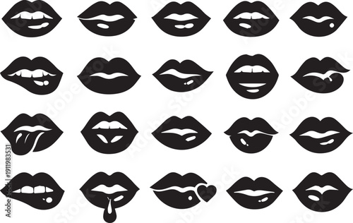 20 Black Lips Vector Icon Set: Collection of Various Mouth Expressions, Including Sexy Biting Lip, Kiss, Tongue Out, and Dripping Silhouette Icons for Pop Art, Beauty, and Valentine's Day Design.