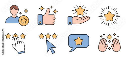Customer feedback and rating icons with colorful characters and star symbols for business reviews