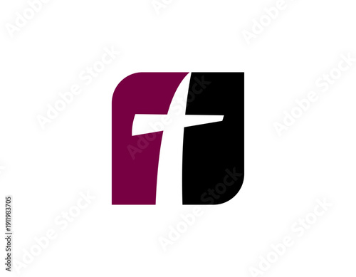 A modern abstract logo featuring a white stylized cross symbol within a rounded square, split into dark purple and black halves.