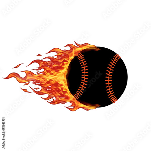 A fiery baseball speeding through the air with a trail of flames behind it