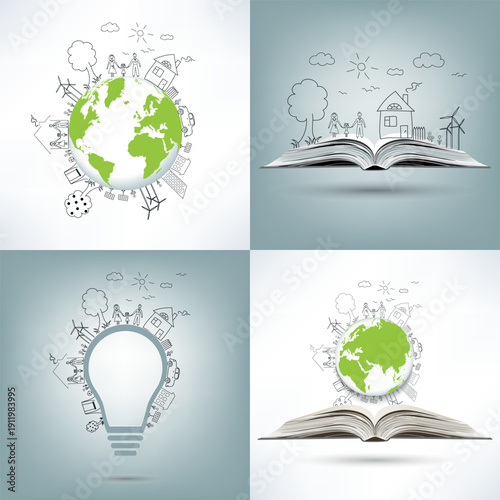 Stories of happy families on an open book, globe, light bulb, against the backdrop of a city, house, tree, and solar panels. Collection. Eco friendly world.