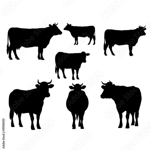 Diverse silhouettes of cows and bulls in various poses and sizes