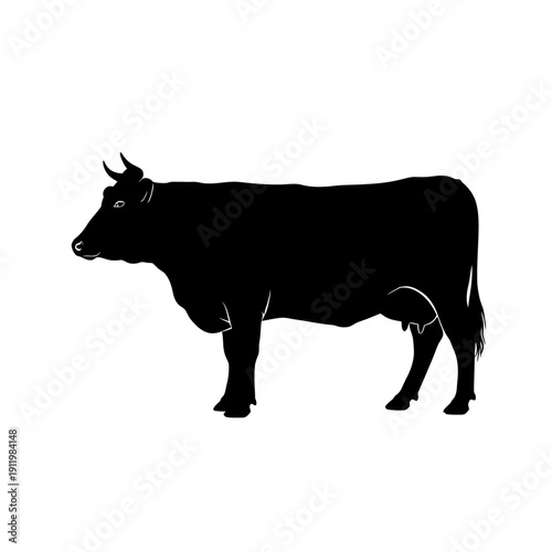 A black and white silhouette of a cow standing on all fours