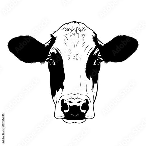 Black and white illustration of a cow's head with large ears and a prominent nose.