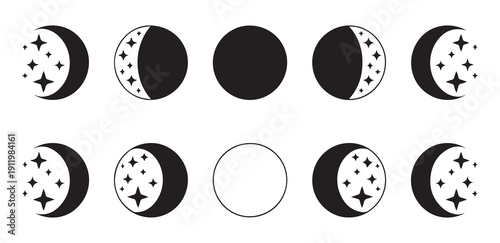 Moon phase set isolated black line and silhouette icons with stars and full moon