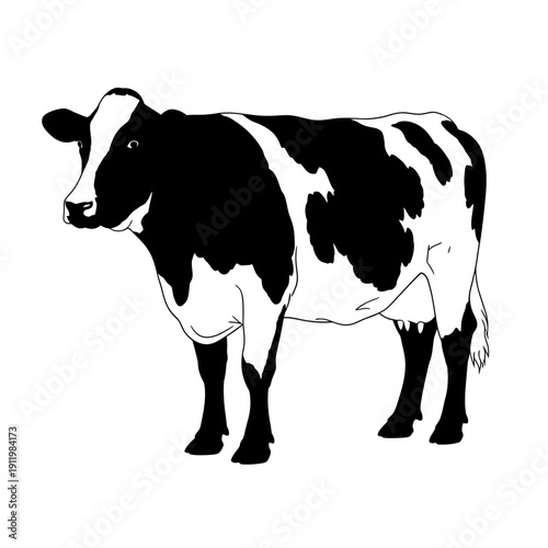 A black and white cow standing in a field with a calm and peaceful expression.