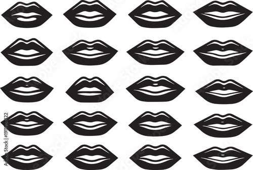 Glamorous Black Lips Seamless Vector Pattern: Stylish Monochrome Repeating Background with Female Mouth Silhouettes for Beauty, Fashion, and Pop Culture Graphics and Textile Design Projects