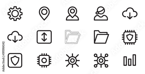 Set of black outline technology and data icons representing network, cloud, security and proces