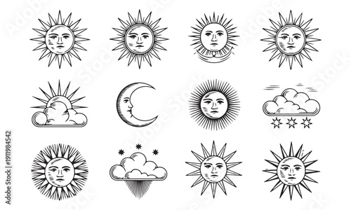 Celestial sunburst and moon face collection with cloud elements in classic engraved woodcut style art