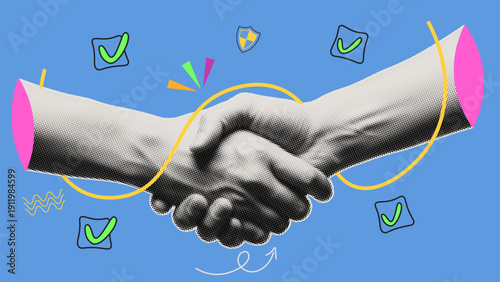 Pop art halftone style close up of two hands shaking with colorful abstract check marks and playful yellow swirl on blue background