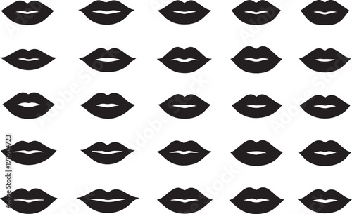 Vector Lip Icons Collection: Set of 25 Black Silhouette Mouth Symbols, Kiss, Smile, and Sexy Lip Shapes for Beauty, Romance, Fashion Design, Print, and Seamless Pattern Backgrounds.