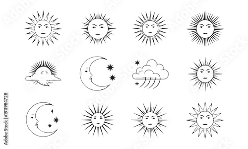 Sun and moon celestial collection, simple vector style mystic spiritual astrology symbols