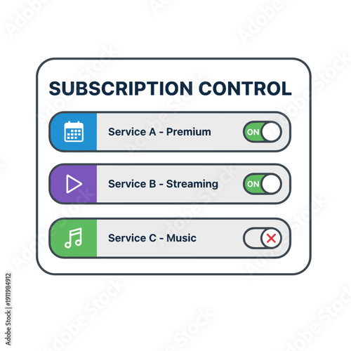 Subscription management dashboard with enabled and disabled services toggle switches concept of payment control and digital services