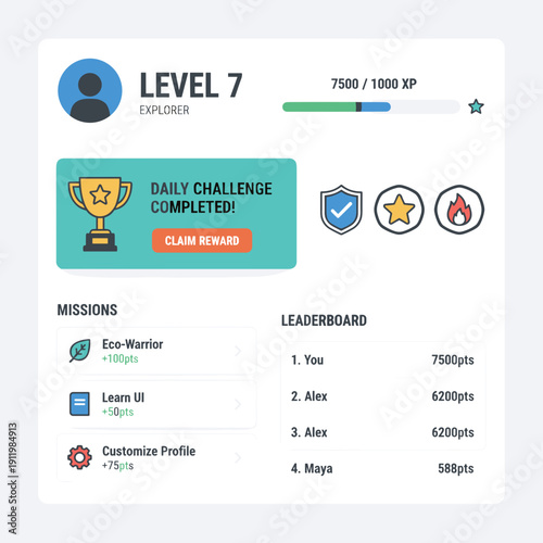 Gamified user dashboard with level progression challenges rewards and leaderboard interface concept of engagement and motivation
