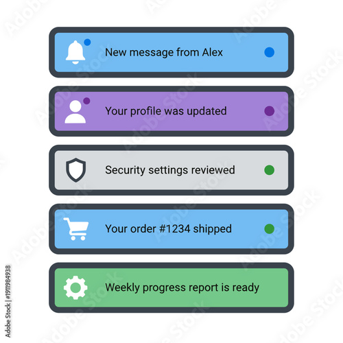 User notification feed with messages security alerts orders and progress updates concept of system notifications