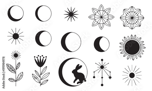 Bohemian celestial and nature elements sun moon stars flowers bunny constellation vector art