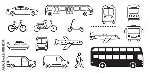 Transportation line icon set vector illustration collection simple design car bus airplane