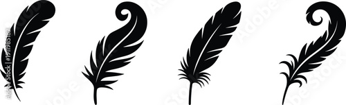 Black feather silhouettes set, decorative quill pen icons and elegant bird plumage elements isolated on white background vector illustration