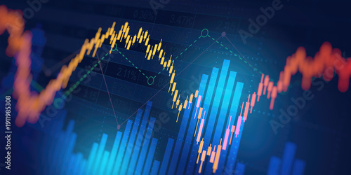 financial chart with uptrend line candlestick graph in stock market on blue color background