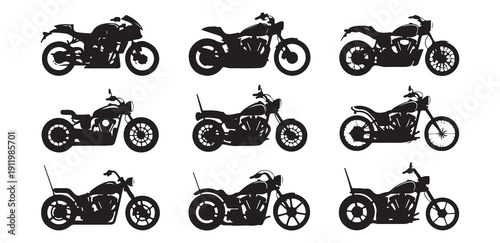 Collection of 9 detailed black motorcycle silhouettes for design