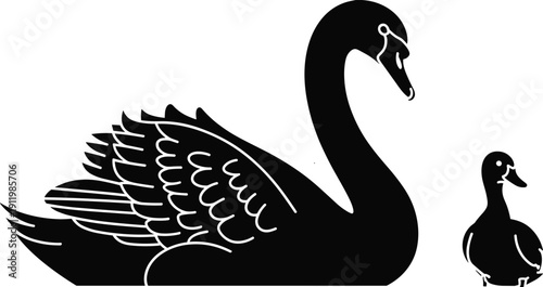Black swan and duck silhouette vector illustration, elegant waterfowl bird wildlife animal icon set isolated on white background design