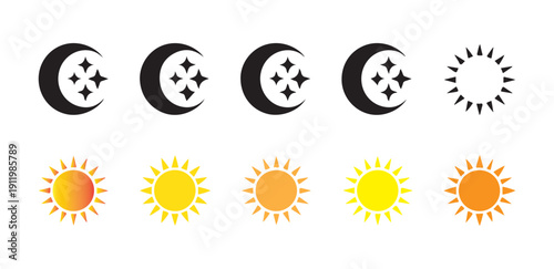 Sun and moon icons set representing day and night cycle with orange gradients and black silhouettes