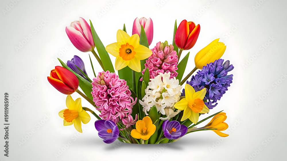 Obraz premium Vibrant and colorful spring flower bouquet featuring tulips daffodils hyacinths and crocus isolated on clean white background