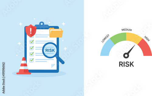 Risk Management Icon Set Featuring Assessment Checklist Document With Magnifying Glass And Speedometer Gauge Meter Measurement Illustration
