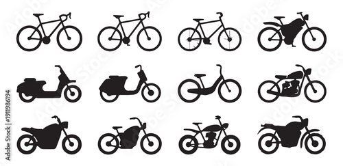 Cycle and motorbike silhouette icons including electric scooters and mopeds on plain white backdrop