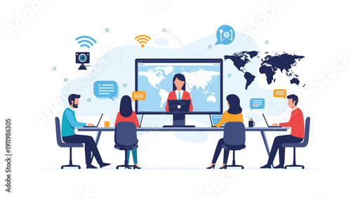 Global business team conducts a video conference call from their office desks to collaborate with a colleague displayed on a large screen.