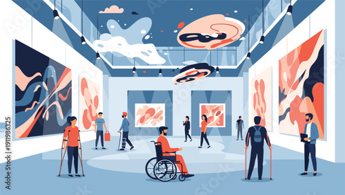People including individuals with disabilities visiting a modern art gallery to view abstract paintings in a bright spacious exhibition hall.