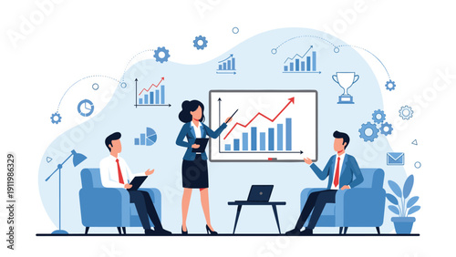 Professional businesswoman conducting a financial presentation for colleagues using a growth chart on a whiteboard in a modern office.