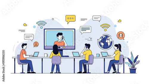 Professional team working in a modern office while participating in a global video conference displayed on a large computer monitor.