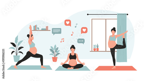 Group of pregnant women practicing different yoga and meditation exercises in a bright living room to stay healthy during their pregnancy.