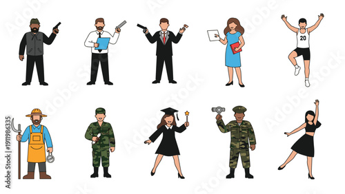 Diverse set of character avatars representing various occupations and hobbies including a soldier, graduate, farmer, and athlete.