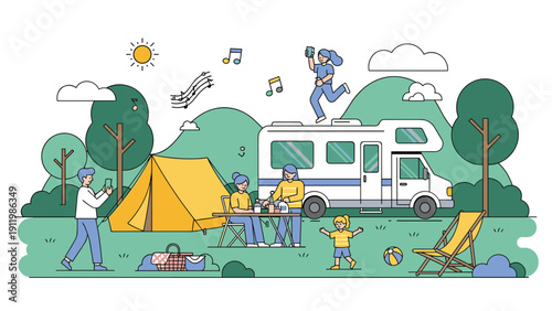 Happy family enjoying a fun camping trip with a tent and recreational vehicle in a scenic green forest on a sunny summer day.
