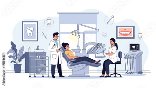 Patient receiving professional dental treatment from a dentist and assistant in a modern medical clinic equipped with advanced tools.